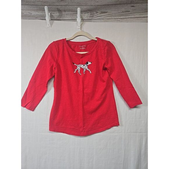 Talbots Shirt Women XS Red Embroidered Dalmatian‎ Dog Heart Beaded Cotton Slub - Picture 1 of 6